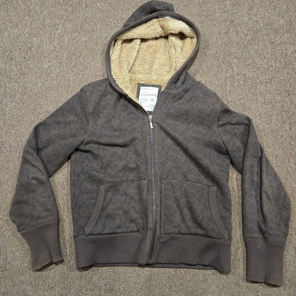 Y2K Aeropostale Hoodie Womens XL Brown Floral Faux Fur Lined Full Zip Sweatshirt